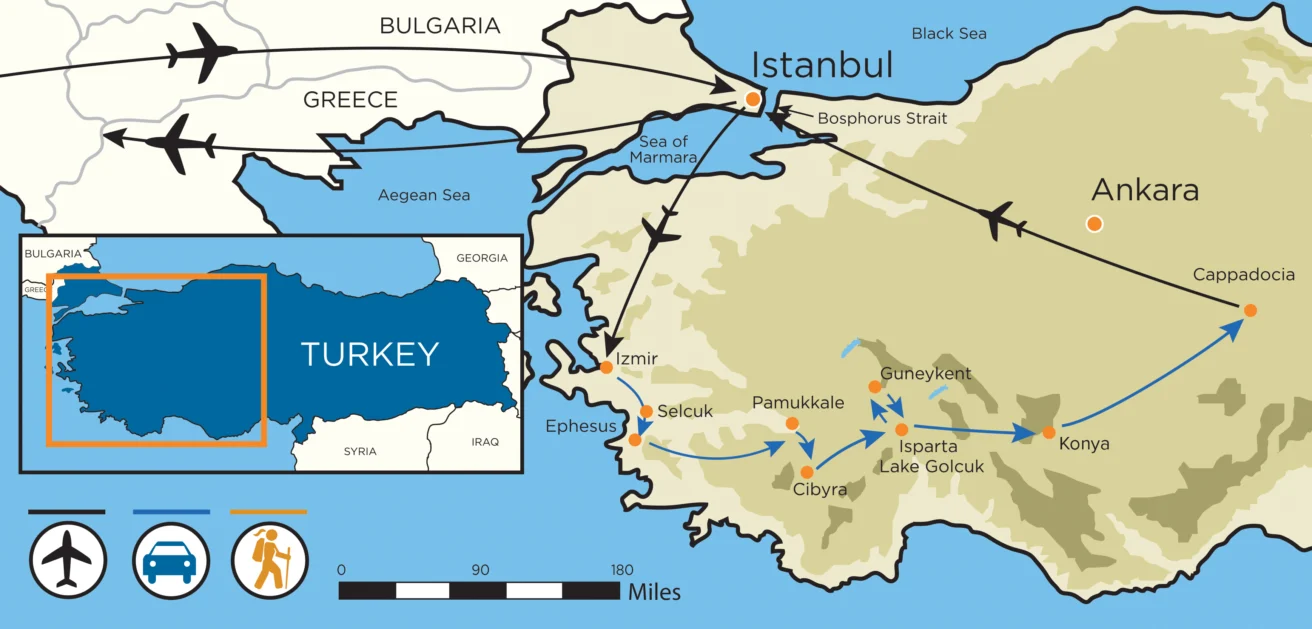 Map of Turkey showing flight paths, road routes, and key locations including Istanbul, Ankara, Izmir, and Pamukkale. Includes an inset of airline symbol, a car symbol, and a distance scale.