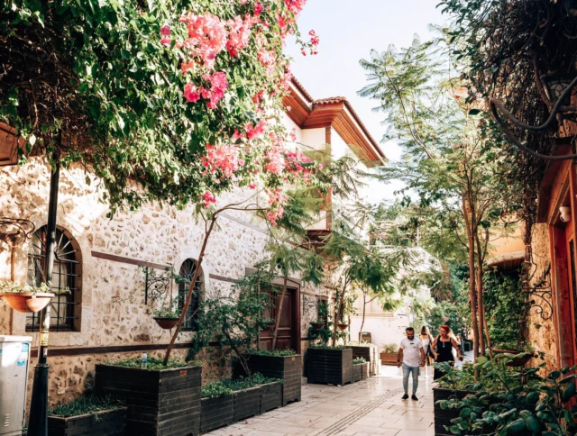 A couple strolls down a narrow, sunlit street bordered by stone buildings and lush greenery, with vibrant pink flowers overhead.
