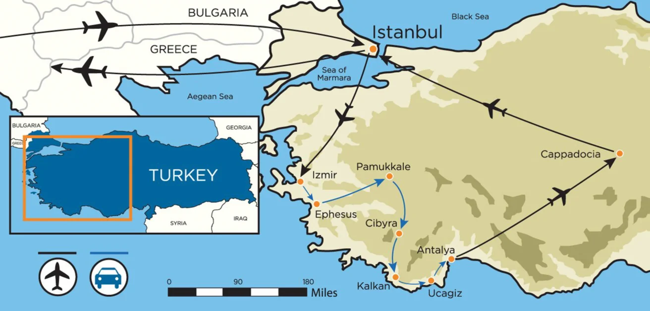Map showing travel routes and destinations in Turkey, including Istanbul, Izmir, Ephesus, Pamukkale, Antalya, and Cappadocia, with airplane and road symbols indicating modes of transport.