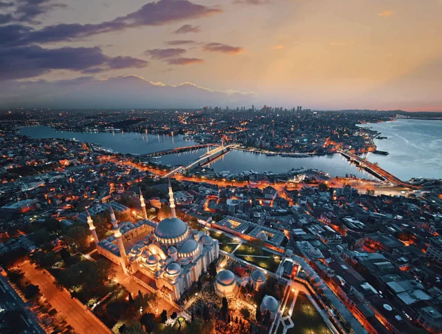 An aerial view of Istanbul at night.