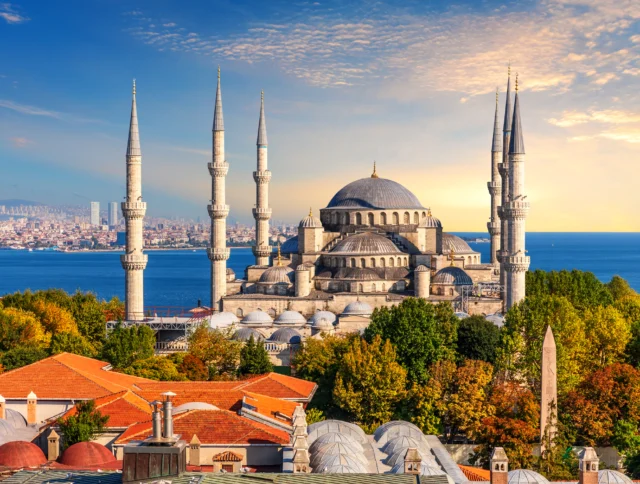 A large mosque with multiple domes and minarets overlooks a cityscape and body of water, with autumn foliage and buildings in the foreground.