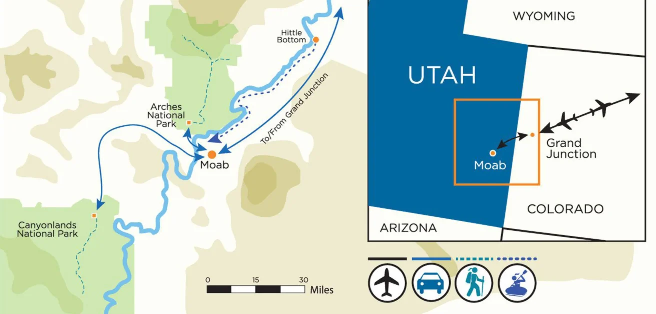 Map showing Moab, Utah, near Arches and Canyonlands National Parks, with directions from Grand Junction. Includes symbols for airport, car, and bus options.