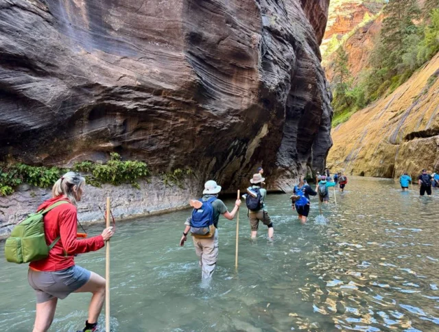 People hiking through a rocky river canyon, using walking sticks.