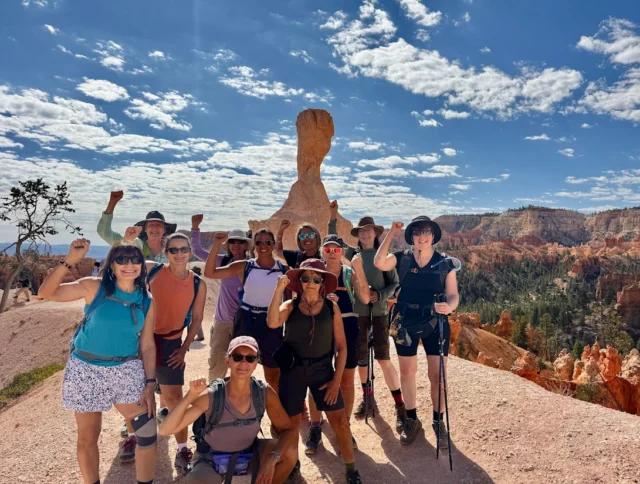 A group of hikers poses with arms raised in front of rock formations under a partly cloudy sky.