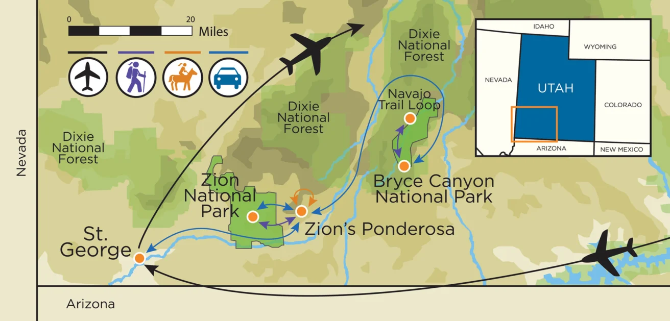 Map showing travel routes and locations in Utah, including Dixie National Forest, Zion National Park, and Bryce Canyon National Park, with icons for transportation and amenities.