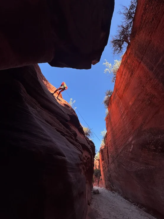 Person rappelling down a rocky, narrow canyon, with sunlight illuminating the red rock walls. A clear blue sky is visible above.